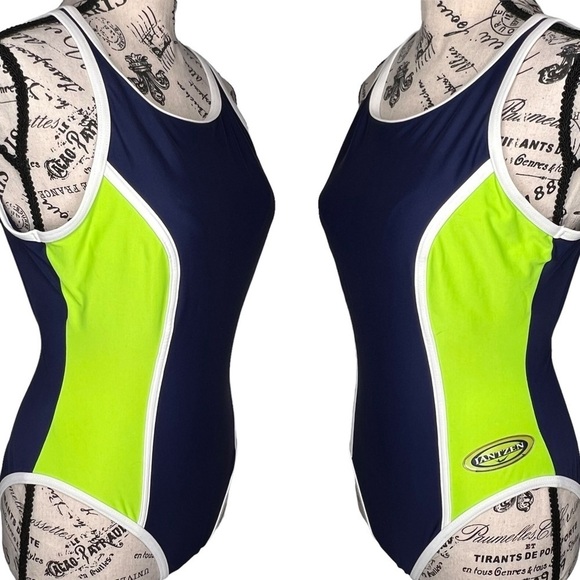 Vintage Jantzen One Piece Racerback Swim Suit Navy Blue Lime Green Retro Size 12 - Picture 2 of 11